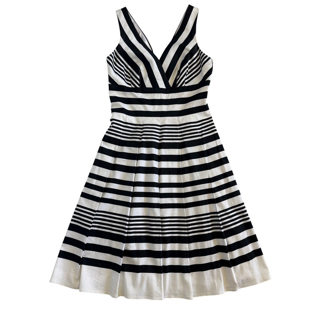 White House Black Market Striped Fit & Flare Dress Black White V-Neck Size 0